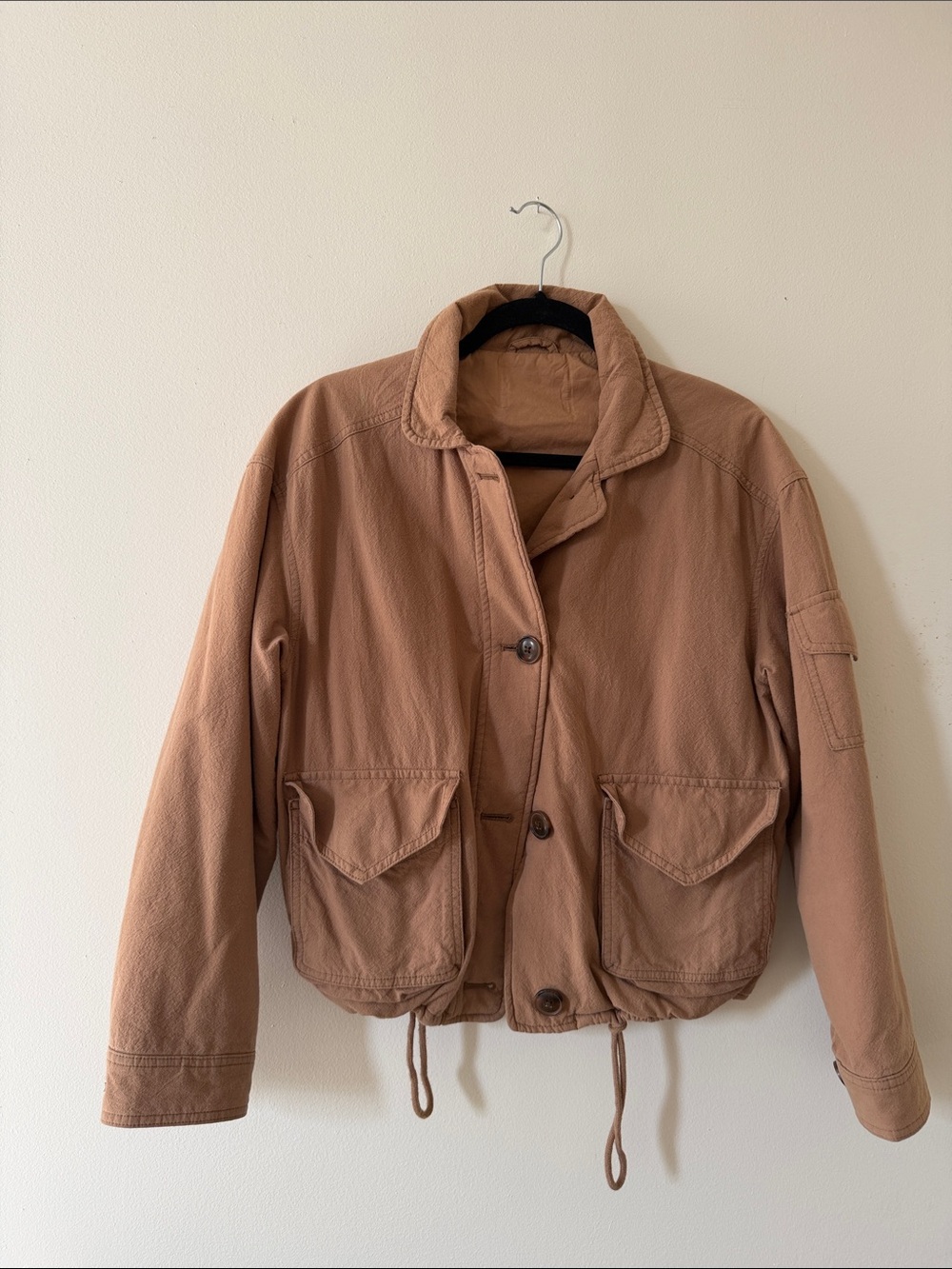 Cropped Utility Jacket in Tan with Drawcord Hem